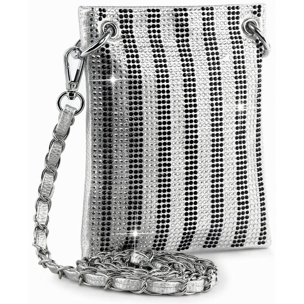 Silver Striped Rhinestone Studded Petite Crossbody Sling Handbag